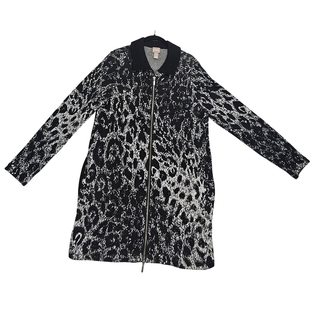 Chicos Snow Leopard Cardigan Sweater 1 US M 10 Pocketsl Zip Full Long Line